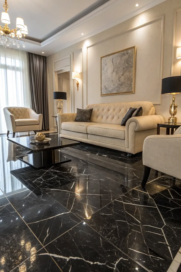 Marble flooring in a luxury living room