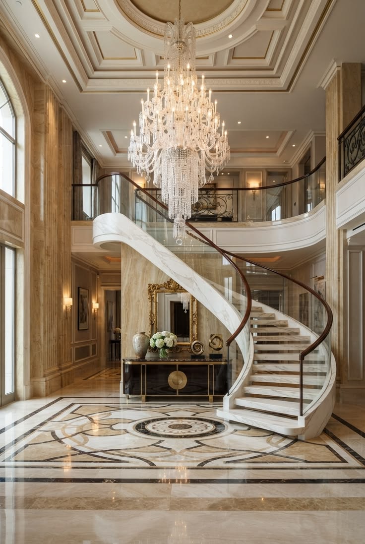 Grand entryway with a decorative marble inlay floor feature