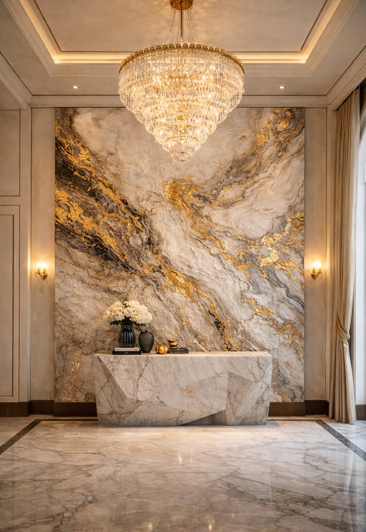 Luxury entryway with a statement marble wall
