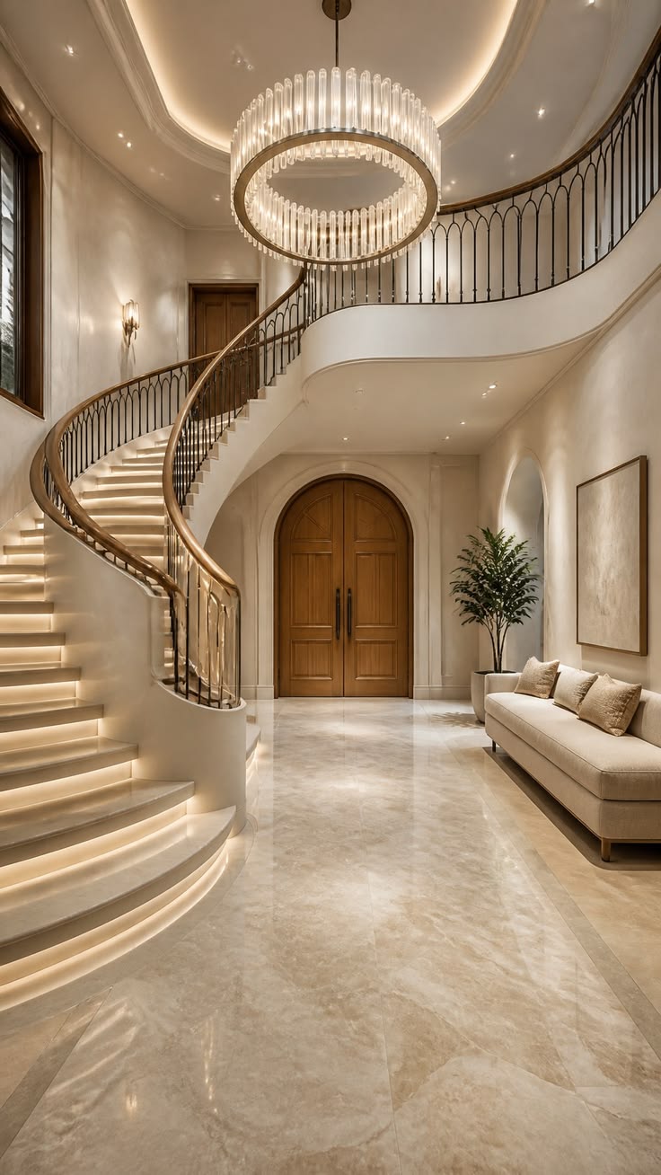 Luxury curved marble staircase with ring chandelier