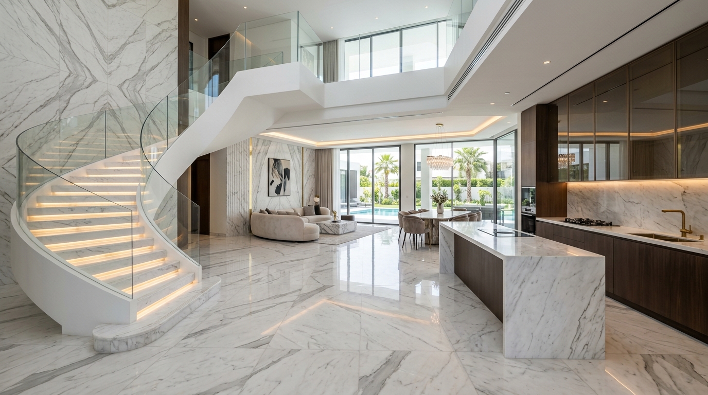 Professionally installed marble flooring in a luxury villa