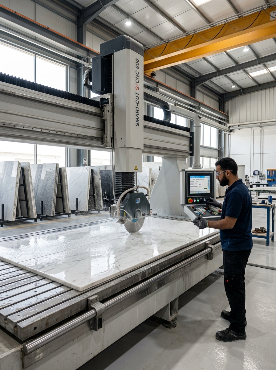 Marble fabricator precisely cutting a natural stone slab