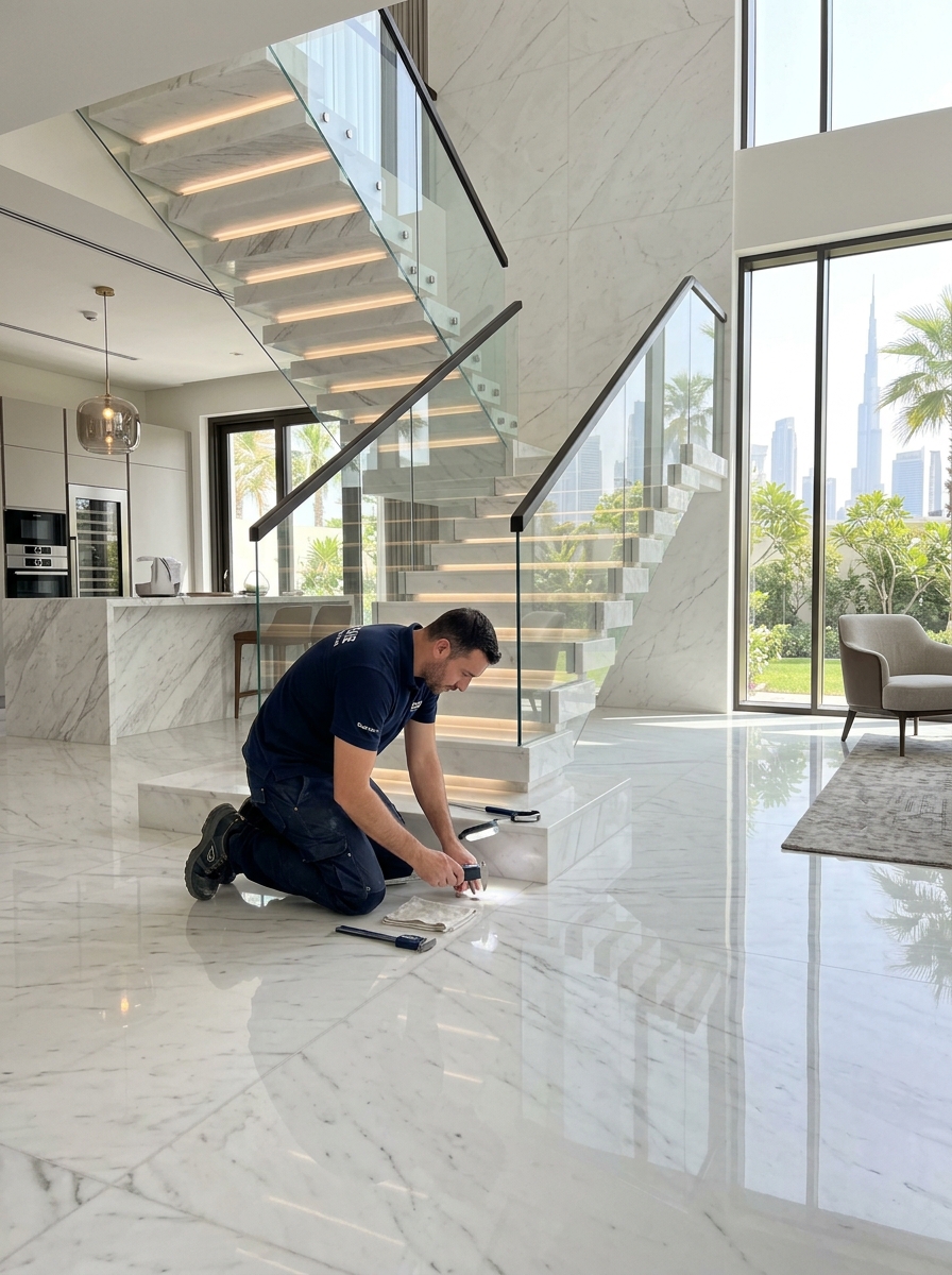 Technician inspecting a marble slab before fabrication